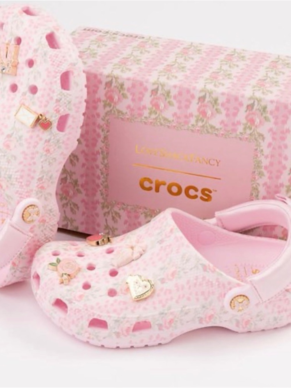 Love Shack Fancy CROCS Pink Floral Classic Clog with Gold Accent Jibbitz